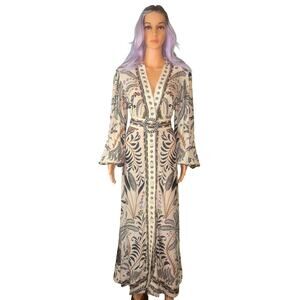 Farm Rio Cream Botanical Print Maxi Dress Belted Long Sleeve Size M